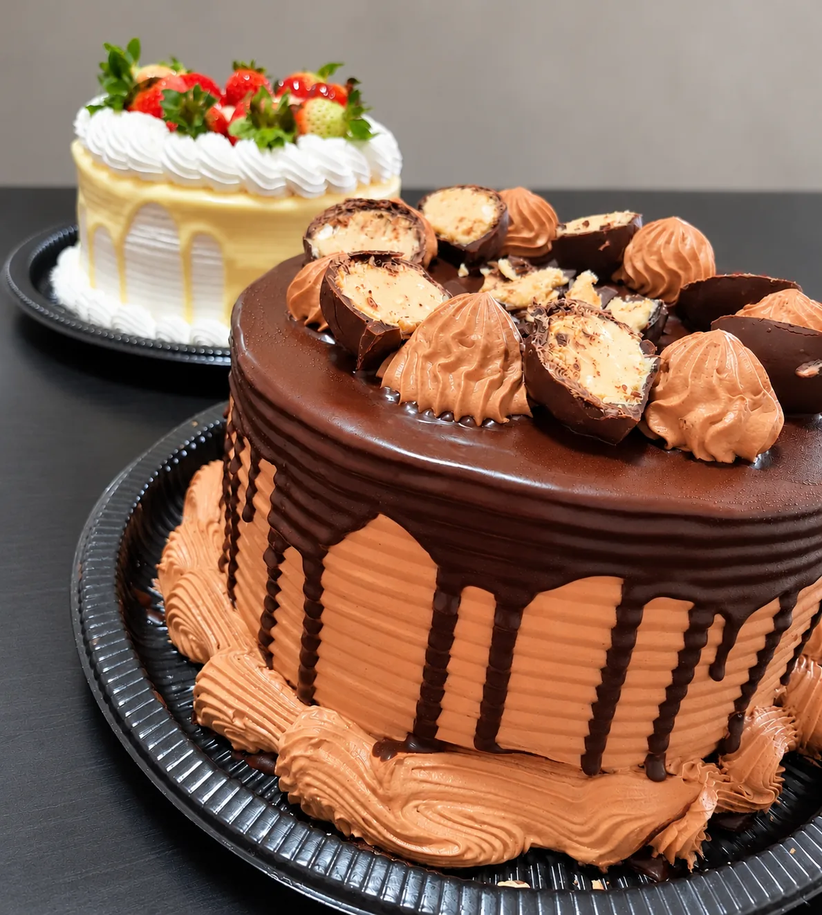 Bolos de chocolate com calda escorrendo e bombons recheados