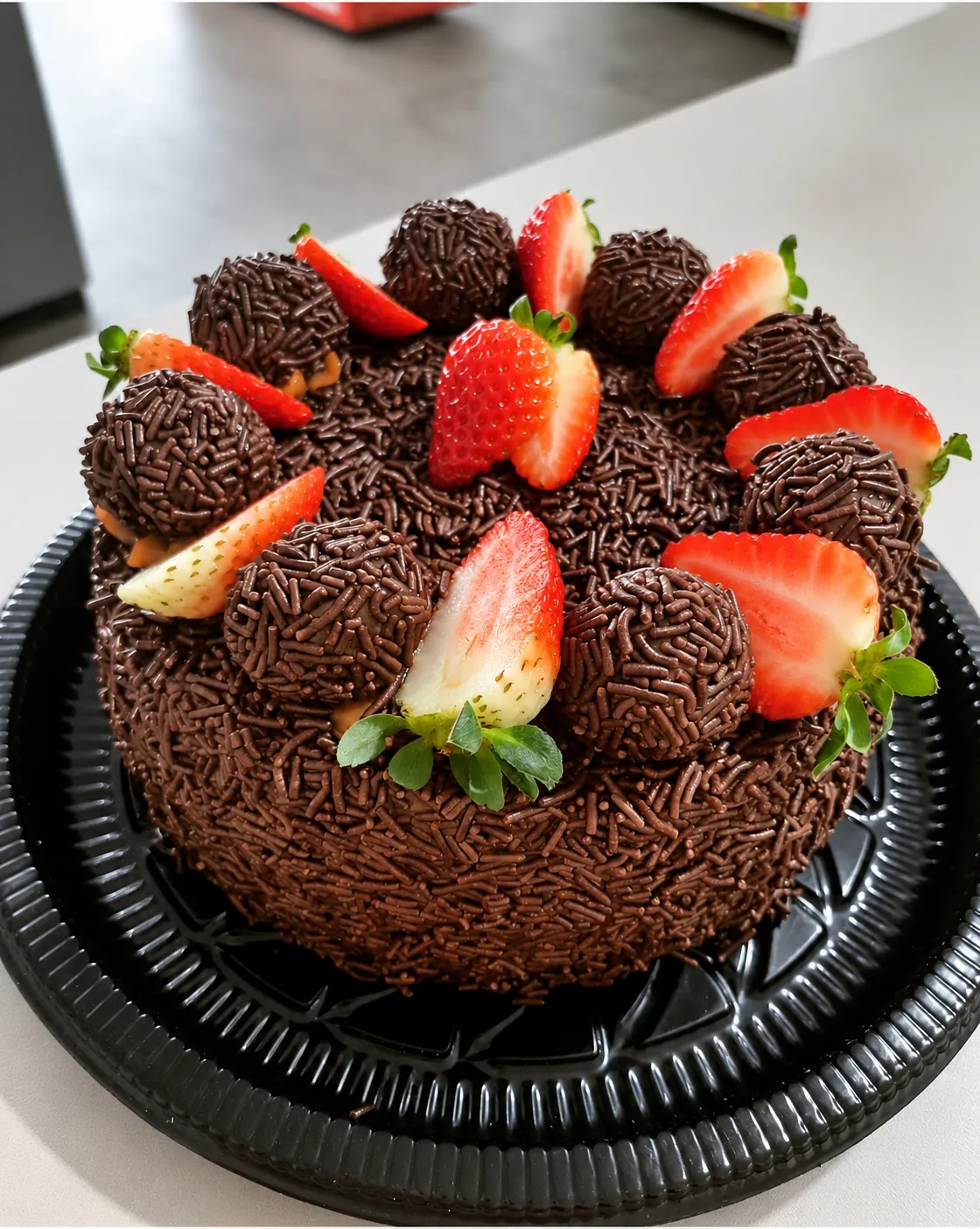 Bolo coberto de granulado com brigadeiros e fatias de morango