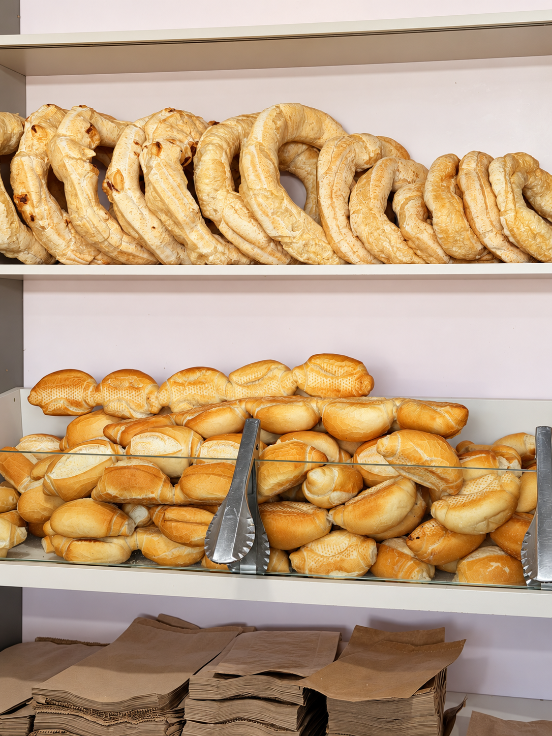 Prateleira de padaria com roscas assadas e pilhas de pão francês fresco